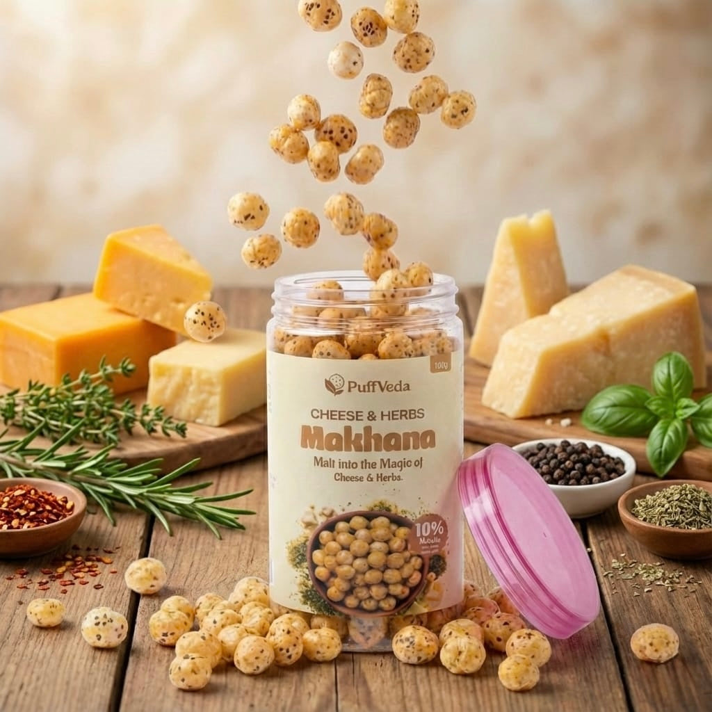 Cheese & Herbs Roasted Makhana - Premium Puffveda Healthy Fox Nut Snack