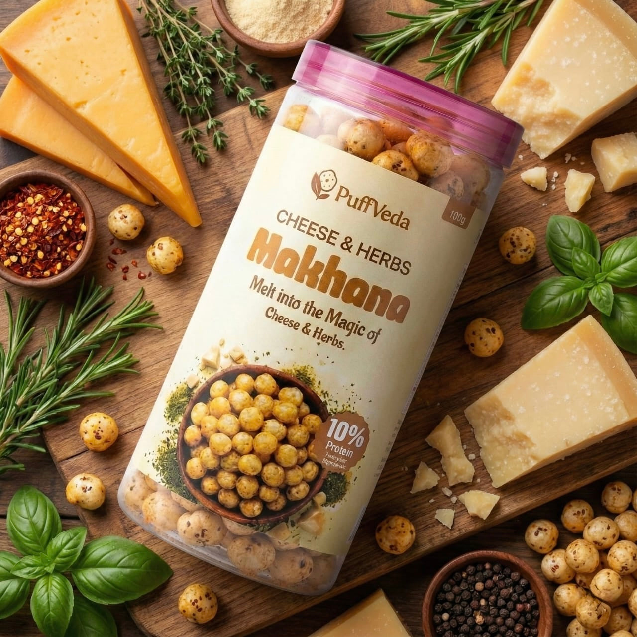 Cheese & Herbs Roasted Makhana - Premium Puffveda Healthy Fox Nut Snack